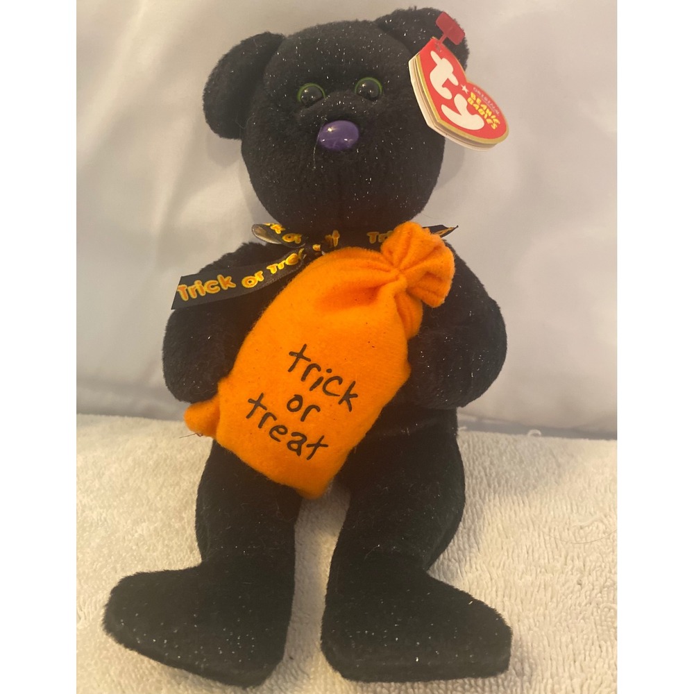 Ty Beanie Babies Trickster Halloween Bear Black Shimmer Orange Bag 2008 w/Tags